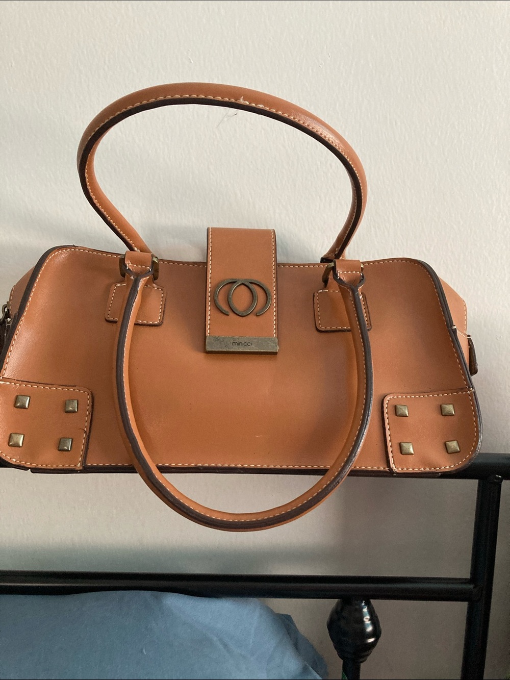 Minicci Cognac Tan Satchel with Gold Stud Accents